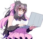  1girl :3 animal_ears bare_shoulders bear_ears bear_girl bergman&#039;s_bear_(kemono_friends) black_hair bow bowtie breasts brown_eyes computer empty_eyes extra_ears frills fur_bracelet glasses grey_hair hair_bow highres holding holding_laptop huge_bow huge_breasts kemono_friends kemono_friends_3 laptop long_hair looking_at_viewer mamiyama multicolored_hair shirt skirt smile 