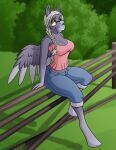 anthro bottomwear breasts brown_eyes cleavage clothed clothing equid equine eyebrows eyewear female fence fingers glasses hair happy horse looking_at_viewer mammal mythological_creature mythological_equine mythology pants pegasus plant pony s7v8 shaded shirt solo topwear tree white_eyebrows white_hair wings