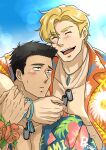  2boys absurdres ao_isami arm_around_neck bara black_hair blonde_hair couple day facial_hair hand_on_another&#039;s_arm hawaiian_shirt highres lewis_smith looking_to_the_side male_focus miugg133 multiple_boys official_alternate_costume pectoral_cleavage pectorals shirt sideburns_stubble stubble thick_eyebrows toned toned_male upper_body yaoi yuuki_bakuhatsu_bang_bravern 