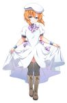  1girl :3 absurdres back_bow black_thighhighs blue_eyes blush boots bow bowtie brown_footwear brown_hair closed_mouth cross-laced_footwear dress floating_hair front_slit full_body hair_between_eyes hat highres higurashi_no_naku_koro_ni medium_hair purple_bow purple_bowtie ryuuguu_rena short_sleeves simple_background skirt_hold solo standing sweet_miuk_tea thighhighs white_background white_dress white_hat wristband 