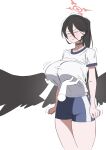  1girl absurdres angry black_choker black_hair black_wings blue_archive blue_shorts blush breast_lift breasts choker clenched_hand closed_eyes closed_mouth disembodied_limb feathered_wings grabbing grabbing_another&#039;s_breast gym_shirt gym_shorts gym_uniform hair_between_eyes halo hasumi_(blue_archive) hasumi_(track)_(blue_archive) highres hofdechiski huge_breasts large_wings long_hair low_wings mole mole_under_eye nose_blush official_alternate_costume ponytail red_halo sensei_(blue_archive) shirt short_shorts short_sleeves shorts simple_background solo_focus standing sweatdrop trembling very_long_hair white_background white_shirt wings 