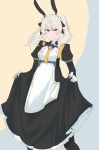  1girl alternate_costume animal_ears asymmetrical_bangs black_dress closed_mouth dress fake_animal_ears gloves grey_hair highres karenina:_scire_(punishing:_gray_raven) karenina_(punishing:_gray_raven) long_hair long_sleeves looking_at_viewer maid_headdress mu_2_ka_4_1 orange_eyes punishing:_gray_raven rabbit_ears sidelocks solo twintails two-tone_dress white_dress white_gloves 