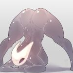 2_horns arthropod big_breasts black_arms black_body black_breasts black_butt black_eyes black_legs black_skin breasts butt female glistening glistening_body grey_background hi_res hollow_knight horn hornet_(hollow_knight) huge_breasts jack-o&#039;_pose nude onm11 pose simple_background solo team_cherry thick_thighs