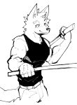 anthro asleepchef biceps bottomwear canid canine canis clothing domestic_dog hair hi_res hybrid male mammal melee_weapon monochrome muscular muscular_anthro muscular_male pants shirt simple_background smile solo standing sword tank_top topwear weapon white_background wolf yakumo_(asleepchef)