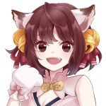  1girl :d ahoge animal_ears animal_hands bell brown_eyes brown_hair cat_ears cat_girl chim_(dedechimly) commentary_request gloves hair_bell hair_ornament hair_ribbon highres ichihime jingle_bell looking_at_viewer mahjong_soul medium_bangs open_mouth paw_gloves pink_shirt red_ribbon ribbon shirt short_hair simple_background sleeveless sleeveless_shirt smile solo teeth upper_body upper_teeth_only white_background 