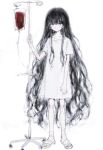  1girl black_hair blood blood_bag blue_eyes check_copyright copyright_request expressionless full_body highres hospital_gown intravenous_drip iv_stand long_hair looking_at_viewer original pale_skin sandals simple_background sketch solo very_long_hair white_background yuyuyuyhz 