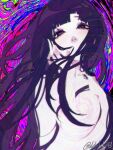  1girl abstract_background chinese_commentary closed_mouth commentary_request danganronpa_(series) danganronpa_2:_goodbye_despair dokudokudoku eyelashes hand_on_own_cheek hand_on_own_chest hand_on_own_face heart heart_in_eye highres looking_ahead mole mole_under_eye multicolored_background purple_eyes solo symbol_in_eye topless tsumiki_mikan twitter_username upper_body 