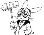 2024 anthro black_eyeliner bosstariamuss broom cleaning_tool clothing eyeliner hand_in_pocket happy headgear headwear holding_broom holding_cleaning_tool holding_object lagomorph leporid makeup male mammal monochrome necktie pockets rabbit solo tail