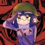  1girl :&lt; alternate_costume bad_id bad_twitter_id blue_hair closed_mouth coat commentary_request common_raccoon_(kemono_friends) distortion gloves hair_between_eyes hand_up helmet inactive_account jmeysan kemono_friends long_sleeves looking_at_viewer multicolored_hair purple_coat red_background salute short_hair solo upper_body yellow_eyes 