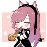  1girl ahoge animal_ears animal_hands black_choker black_dress black_headdress black_ribbon blush_stickers brown_hair cat_ears cat_girl cat_tail chibi choker closed_eyes commentary dress eating food heart holding holding_food holding_pizza indie_virtual_youtuber long_hair maid_headdress mikeneko_(vtuber) mikeneko_(vtuber)_(1st_costume) neck_ribbon pink_background pizza pizza_slice red_ribbon ribbon sakana_(saka11205) solo tail tail_ornament tail_ribbon virtual_youtuber white_background 