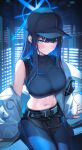  1girl baseball_cap belt black_tank_top blue_archive blue_eyes blue_hair blush breasts closed_mouth colored_inner_hair crop_top hair_between_eyes halo hashtag-only_commentary hat highres jacket long_hair looking_at_viewer midriff multicolored_hair navel off_shoulder saori_(blue_archive) shirt shuvi_(shuvi1125) sitting sleeveless sleeveless_shirt stomach tank_top thighs white_jacket 