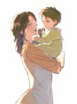  1boy 1girl apron baby black_hair brown_hair carla_yeager carrying cowboy_shot eren_yeager from_side highres long_hair mother_and_son motherly profile shingeki_no_kyojin short_hair smile zigong 
