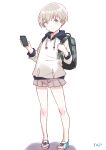  1girl alternate_costume backpack bag blue_eyes cellphone commentary_request fuji_(pixiv24804665) full_body grey_skirt highres hood hooded_sweater kantai_collection phone pleated_skirt short_hair simple_background skirt smartphone smile solo sweater white_background white_footwear white_hair white_sweater z1_leberecht_maass_(kancolle) 