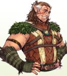  1boy alternate_hair_color baldur&#039;s_gate baldur&#039;s_gate_3 bara belly chest_harness cropped_torso dungeons_&amp;_dragons grass grin halsin hands_on_own_hips harness head_tilt highres looking_ahead male_focus mature_male medium_hair multicolored_hair muscular muscular_male plump pointy_ears rope smile solo streaked_hair thick_eyebrows tribal underbust veins veiny_arms weatherbane 