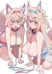  2girls all_fours animal_ear_fluff animal_ears bandaid bandaid_hair_ornament belt black_collar blonde_hair blue_eyes blue_hair breasts breasts_out collar colored_inner_animal_ears commentary dismassd dog_ears dog_girl dog_tail fuwawa_abyssgard hair_ornament hairband headband highres hololive hololive_english horn_hairband large_breasts long_hair looking_at_viewer mococo_abyssgard multicolored_hair multiple_girls nipples open_mouth pink_belt pink_brooch pink_eyes pink_hair pink_hairband pink_headband siblings sisters streaked_hair symbol-only_commentary tail twins virtual_youtuber x_hair_ornament 