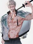  1boy abs absurdres blue_eyes chain_necklace clothes_over_shoulder dragon_print fate/grand_order fate_(series) grey_hair hair_slicked_back haruakira highres holding holding_sword holding_weapon jacket jewelry katana male_focus mouth_hold nagakura_shinpachi_(fate) necklace o-ring pectorals scar scar_on_cheek scar_on_face short_hair smile stalk_in_mouth sword toned toned_male topless_male unworn_jacket weapon 