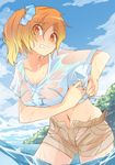  blonde_hair blush cloud day kagerou_project kisaragi_momo midriff navel orange_eyes scrunchie see-through shirt side_ponytail sky solo tied_shirt total9 wading water wet wet_clothes 