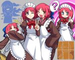  2girls ? apron blue_eyes blush_stickers closed_eyes dress expressionless grin highres hisui_(tsukihime) kohaku_(tsukihime) maid maid_apron maid_headdress multiple_girls multiple_views one_eye_closed orange_eyes pointing pointing_at_viewer red_hair short_hair smile spdcooler spoken_question_mark tsukihime v window 