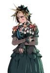  1boy black_hair blonde_hair blush bouquet bow braid chlowski cloud_strife dress ear_piercing embarrassed final_fantasy final_fantasy_vii final_fantasy_vii_remake fishnet_armwear flower green_eyes grey_dress hair_bow highres holding holding_bouquet looking_to_the_side male_focus multicolored_hair official_alternate_costume official_alternate_hairstyle piercing puffy_short_sleeves puffy_sleeves red_bow short_sleeves simple_background standing twin_braids two-tone_hair white_background 