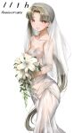  1girl alternate_costume anniversary ayanami_(kancolle) bare_shoulders bouquet breasts bridal_veil dress feet_out_of_frame highres holding holding_bouquet kantai_collection long_hair side_ponytail small_breasts solo tororo_ten veil wedding_dress white_dress 