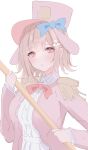  1girl animal_ears bow bowtie danganronpa_(series) danganronpa_2:_goodbye_despair dress_shirt fake_animal_ears hair_ornament hat highres holding holding_staff jacket kori_ha medium_hair nanami_chiaki pink_bow pink_bowtie pink_eyes pink_hat pink_jacket rabbit_ears shirt solo spaceship_hair_ornament staff upper_body 