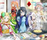  bad_id bad_pixiv_id bare_shoulders black_hair blonde_hair blue_eyes bubblie_(p&amp;d) calendar_(object) china_dress chinese_clothes cookie dress egg elbow_gloves fingerless_gloves flamie_(p&amp;d) food frying_pan gloves gold_egg_(p&amp;d) green_eyes haku_(p&amp;d) horns karin_(p&amp;d) konka ladle leilan_(p&amp;d) long_hair meimei_(p&amp;d) multiple_girls notebook open_mouth pot puzzle_&amp;_dragons red_hair sakuya_(p&amp;d) shynee_(p&amp;d) silver_hair smile twintails 