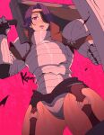  1girl amalia_(unicorn_overlord) armored_leotard artist_name ass_visible_through_thighs dutch_angle eyepatch gauntlets highres koyorin lips looking_at_viewer open_mouth over_shoulder purple_eyes purple_hair shield short_hair solo sword sword_over_shoulder unicorn_overlord weapon weapon_over_shoulder 
