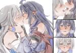  2girls after_kiss arm_scarf black_gloves black_hair blush bronya_rand closed_eyes commentary_request detached_sleeves drooling earrings elan_ouo french_kiss gloves grey_hair hand_on_another&#039;s_face hand_on_another&#039;s_neck heart highres honkai:_star_rail honkai_(series) jewelry kiss long_hair looking_at_another multicolored_hair multiple_girls parted_lips purple_hair saliva seele_(honkai:_star_rail) simple_background streaked_hair sweat tearing_up tears tongue tongue_out white_background yuri 