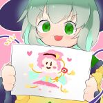  1girl black_hat chikuwa_is_good commentary drawing_(object) green_eyes green_hair hat highres holding komeiji_koishi komeiji_satori long_sleeves looking_at_viewer open_mouth outline pink_background simple_background smile third_eye touhou upper_body white_outline 