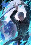 1boy absurdres black_gloves blue_coat blue_eyes coat devil_may_cry_(series) devil_may_cry_5 fingerless_gloves gloves hair_slicked_back highres holding holding_weapon katana male_focus solo sword vergil_(devil_may_cry) weapon white_hair yamato_(sword) 