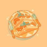  cake cake_slice checkered_print dessert emily_kim food food_focus fork fruit no_humans orange_(fruit) orange_background orange_theme original pastel_colors plate simple_background sparkle sprout twitter_username 