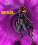  anthro black_hair breasts claws english_text female green_eyes hair hair_ring looking_at_viewer multi-colored_hair nintendo nude pok&#233;mon pok&eacute;mon red_hair snowfyre solo standing text toe_claws video_games zoroark 