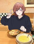  1girl :i black_sweater brown_hair cola fingernails food fork highres higuchi_madoka holding holding_fork idolmaster idolmaster_shiny_colors long_sleeves looking_at_viewer mole mole_under_eye moyamoyashiz02 nail_polish photo-referenced photo_background red_eyes restaurant saizeriya salad sitting solo soup sweater tsuchiya_rio v 