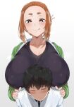  1boy 1girl :q absurdres adashino_ren black_tank_top breasts breasts_on_shoulders brown_eyes brown_hair collarbone covered_nipples front-to-back green_hoodie hair_bun hands_on_another&#039;s_shoulders height_difference highres hood hoodie huge_breasts kaii_to_otome_to_kamigakushi micchan_(micchanmeido) mole mole_under_eye ogawa_sumireko short_eyebrows short_hair sweat tank_top thick_eyebrows tongue tongue_out white_background 