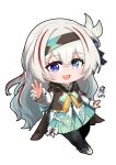  1girl :d absurdres aepuru_arts black_pantyhose chibi commentary english_commentary firefly_(honkai:_star_rail) full_body green_skirt grey_hair hair_between_eyes hairband heterochromia highres honkai:_star_rail honkai_(series) long_hair long_sleeves looking_at_viewer multicolored_hair pantyhose purple_eyes sidelocks simple_background skirt smile solo streaked_hair symbol-only_commentary two-tone_hair waving white_background 