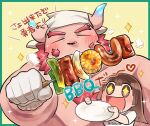  1boy 1girl beard blush border brown_hair chernobog_(housamo) chest_hair closed_eyes cooking corn drooling facial_hair food furry furry_male gloves green_border grilling head_scarf holding holding_plate holding_skewer hot_dog long_hair mouth_drool no_nose open_mouth plate protagonist_2_(housamo) skewer sparkle sparkling_eyes sumi_wo_hakuneko tokyo_afterschool_summoners translation_request white_gloves 