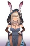  1girl animal_ears black_bow black_gloves black_hood blush bow breasts brown_pantyhose chaco_(user_xmam7328) cleavage closed_mouth commentary_request covered_navel cowboy_shot dress ears_through_hood elbow_gloves fingerless_gloves frown fur_collar gloves gradient_background grey_dress hair_bow hands_on_own_hips highres kaavi korean_commentary large_breasts light_brown_hair long_hair looking_at_viewer mahjong_soul medium_bangs nose_blush pantyhose pelvic_curtain rabbit_ears sleeveless sleeveless_dress solo white_background yellow_eyes 