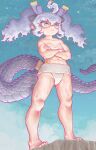  1girl absurdres animal_ears bara_bara_(pop_pop) dragon_girl dragon_horns dragon_tail extra_ears fundoshi highres horns japanese_clothes kemono_friends long_hair looking_at_viewer muscular muscular_female navel night night_sky outdoors purple_eyes purple_hair sarashi sky solo star_(sky) starry_sky tail twintails white_dragon_(kemono_friends) 