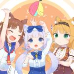  3girls :&lt; :3 :d ^_^ animal_ear_fluff animal_ears arm_up arms_up azuki_(nekopara) bell bi_neko706 black_hairband blue_bow blue_eyes blunt_bangs blush bow brown_hair cat_day cat_ears cat_girl cat_tail center_frills closed_eyes commentary crossed_arms feathers frills frown green_eyes hair_between_eyes hair_bow hairband happy highres jingle_bell long_hair long_sleeves looking_at_object low_twintails maple_(nekopara) medium_hair motion_lines multiple_girls musical_note neck_bell neckerchief nekopara open_mouth orange_background orange_hair red_neckerchief school_uniform serafuku shirt side-by-side simple_background sleeveless sleeveless_shirt slit_pupils smile sound_effects sweatdrop tail trembling twintails two_side_up upper_body upturned_eyes v-shaped_eyebrows vanilla_(nekopara) wavy_hair white_hair white_shirt 