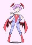  1girl absurdres animal_print bare_shoulders bat_print demon_girl demon_wings diamond_cutout flat_chest full_body head_wings highres leotard light_smile lilith_aensland looking_at_viewer low_wings one_eye_closed pantyhose print_pantyhose purple_hair red_eyes red_leotard short_hair simple_background solo spdcooler vampire_(game) wings 