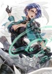 1girl angry arrow_(projectile) blue_hair bodice bow_(weapon) breasts choker cleavage feathered_wings feathers fire_emblem fire_emblem:_three_houses gloves hair_between_eyes highres horseback_riding jacket large_breasts magion02 open_mouth pants pegasus purple_eyes quiver riding shamir_nevrand short_hair solo weapon wings 