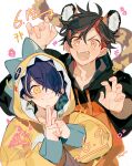  2boys ahoge animal_ears black_hair claw_pose closed_mouth ensemble_stars! fangs hood hood_up hoodie leopard_ears leopard_tail looking_at_viewer multicolored_hair multiple_boys nagumo_tetora open_mouth red_hair salute sapphire_(nine) sengoku_shinobu smile streaked_hair tail two-finger_salute yellow_eyes yellow_hoodie 