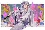  1boy barefoot blue_hair blue_horns demon_boy earrings fingernails grey_hair hand_fan hand_on_own_knee highres holding holding_fan horns japanese_clothes jewelry keiko_(um7mr1) kimono looking_to_the_side male_focus multicolored_background multicolored_hair original outside_border sharp_fingernails sharp_toenails short_hair_with_long_locks single_earring smile solo_focus streaked_hair toenails very_long_fingernails will-o&#039;-the-wisp_(mythology) xiangyun 