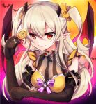  1girl alternate_costume animal arm_under_breasts black_horns black_wings blonde_hair breasts candy chiipon cleavage closed_mouth commentary_request demon_girl demon_wings elbow_gloves eyeball food gloves gradient_background hair_between_eyes halloween holding holding_animal holding_candy holding_food holding_lollipop horns lollipop long_bangs long_hair looking_at_viewer mahjong_soul orange_background orange_eyes pink_background pointy_ears see-through see-through_cleavage smile solo swirl_lollipop two_side_up upper_body wings xenia 