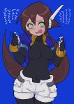  1girl absurdres afterimage aile_(mega_man_zx) black_bodysuit blue_background blue_jacket blush bodysuit bodysuit_under_clothes breasts brown_hair buzzlyears clenched_hands commentary covered_collarbone cowboy_shot cropped_jacket green_eyes highres jacket large_breasts long_hair looking_at_viewer mega_man_(series) mega_man_zx mega_man_zx_advent nervous_sweating open_clothes open_jacket ponytail robot_ears short_sleeves shorts simple_background solo sweat tears teeth upper_body white_shorts 