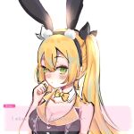  127 animal_ears blonde_hair breasts bunny_garden character_name cleavage cosplay dokibird_(vtuber) english_text fake_animal_ears green_eyes highres large_breasts long_hair rabbit_ears simple_background sleeveless twintails upper_body white_background 