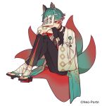  1boy amenochi_hare animal_ears anklet aqua_hair bandaged_foot bandages bishounen black_gloves black_pants copyright_notice crossed_legs dangle_earrings earrings fox_ears fox_tail full_body gloves hair_between_eyes highres jewelry knees_up looking_at_viewer male_focus multicolored_hair multiple_tails neo-porte pants red_eyes red_hair sandals short_hair sitting slit_pupils solo tail two-tone_hair virtual_youtuber white_background yagami_tsukumo 