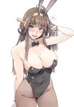  1girl :d adjusting_hair animal_ears bare_shoulders black_bow black_bowtie black_leotard bow bowtie breasts brown_hair brown_pantyhose cleavage commentary_request detached_collar double_bun fake_animal_ears hair_bun headgear heart highleg highleg_leotard highres kantai_collection kongou_(kancolle) kongou_kai_ni_(kancolle) large_breasts leotard long_hair looking_at_viewer pantyhose playboy_bunny purple_eyes rabbit_ears smile solo spoken_heart traditional_bowtie white_wrist_cuffs wrist_cuffs zekkyon 