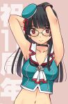  1girl anniversary aqua_hat aqua_shirt arm_behind_head armpits ascot beret black_choker black_hair blunt_bangs breasts choker choukai_(kancolle) choukai_kai_ni_(kancolle) glasses hand_on_own_head hat kantai_collection long_hair medium_breasts midriff mini_hat navel pink_background red_eyes shirt sleeveless sleeveless_shirt solo uona_telepin upper_body white_ascot 