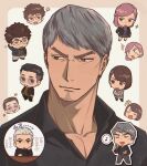  1girl 3boys ^^^ character_request chibi chibi_inset collared_shirt facial_hair goatee_stubble grey_hair highres light_smile looking_to_the_side multiple_boys music pectoral_cleavage pectorals portrait round_eyewear ryuu_ga_gotoku_(series) shirt singing smile solo_focus stubble sunglasses tonta_(tonta1231) tsurime v-shaped_eyebrows 